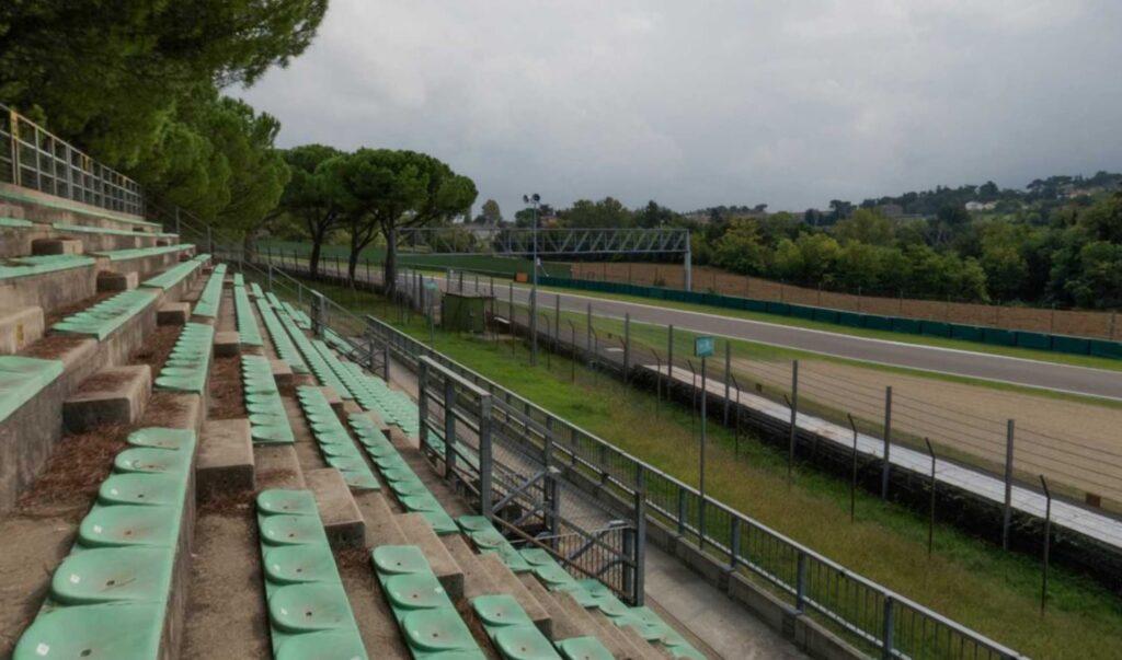 View from Acque Minerali 3 grandstands down the straight towards the Gresini chicane.