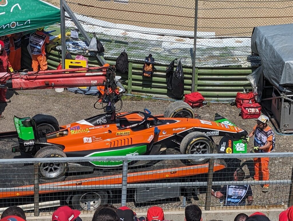 Dennis Hauger's F2 car sits on the flatbed awaiting a trip back to the pits.