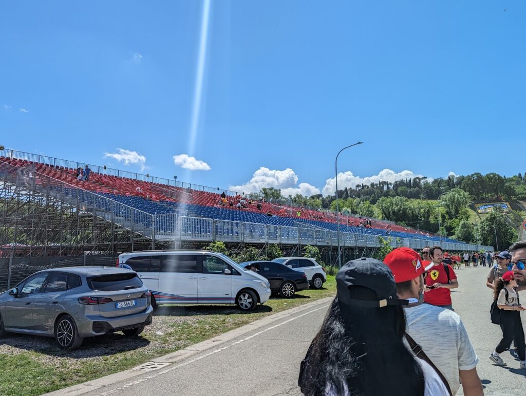 View of the Villeneuve grandstands from the GA area near the exit of the Tamburello chicane.