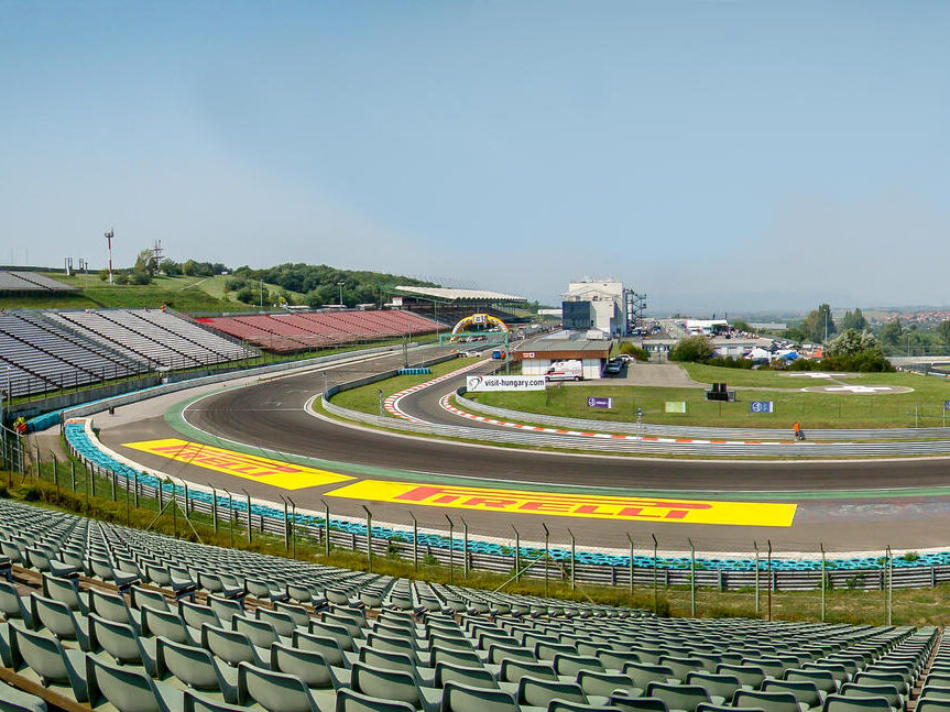 Hungaroring panorama wide view from the final corner looking towards the main straight.