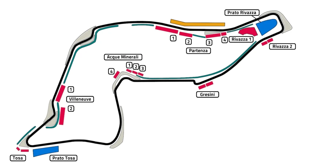 Map of the Imola circuit showing grandstands and key circuit details.