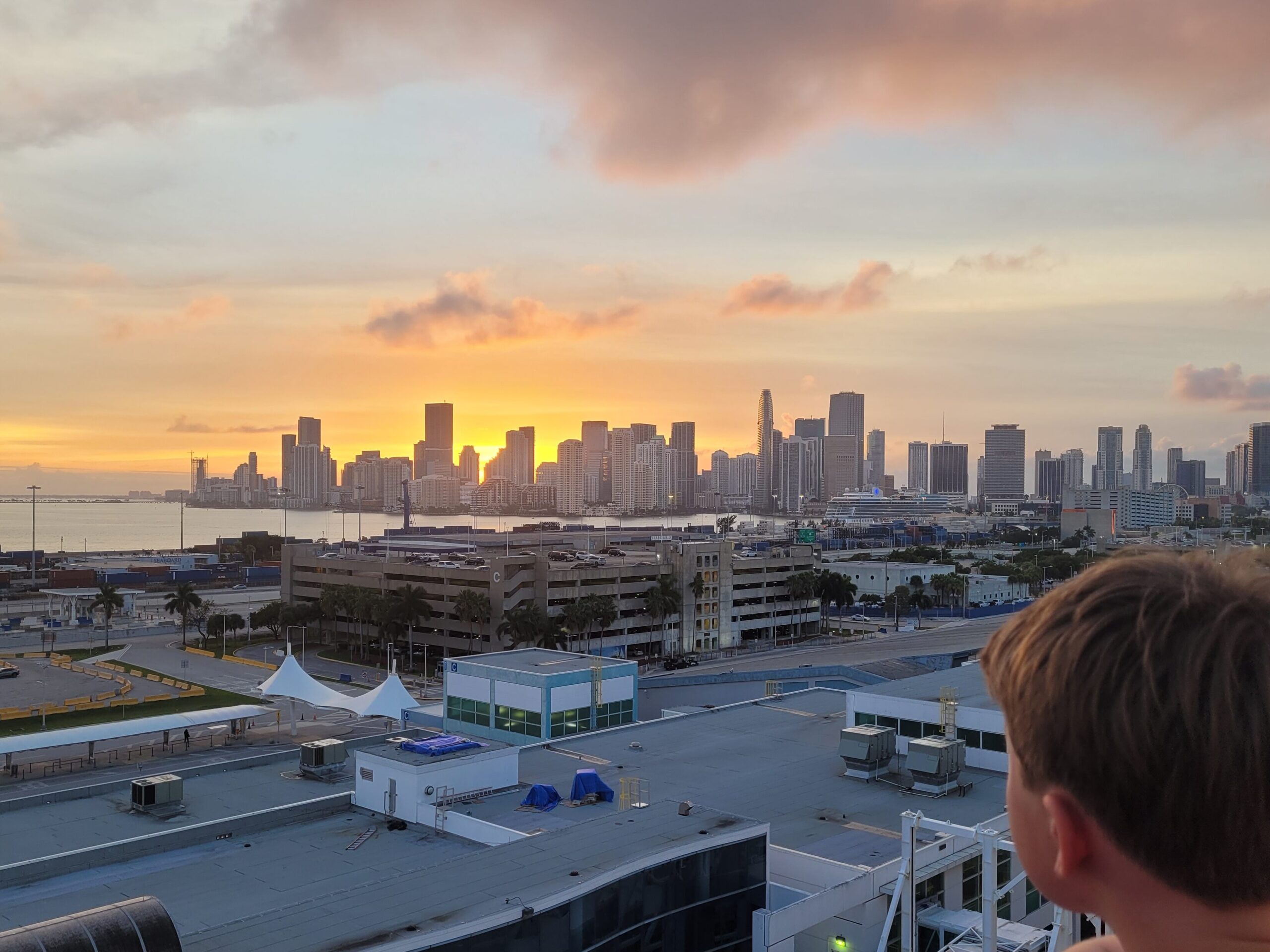 The Miami downtown skyline at sunset from the cruise ship pier.