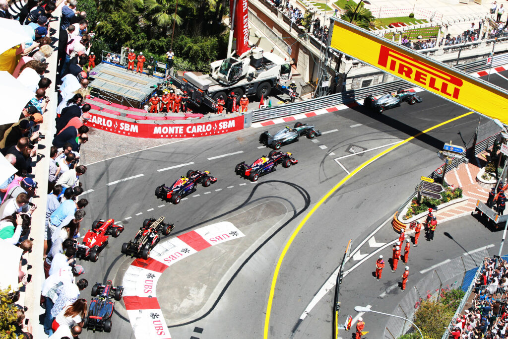 Monaco opening lap, first corner view from above.