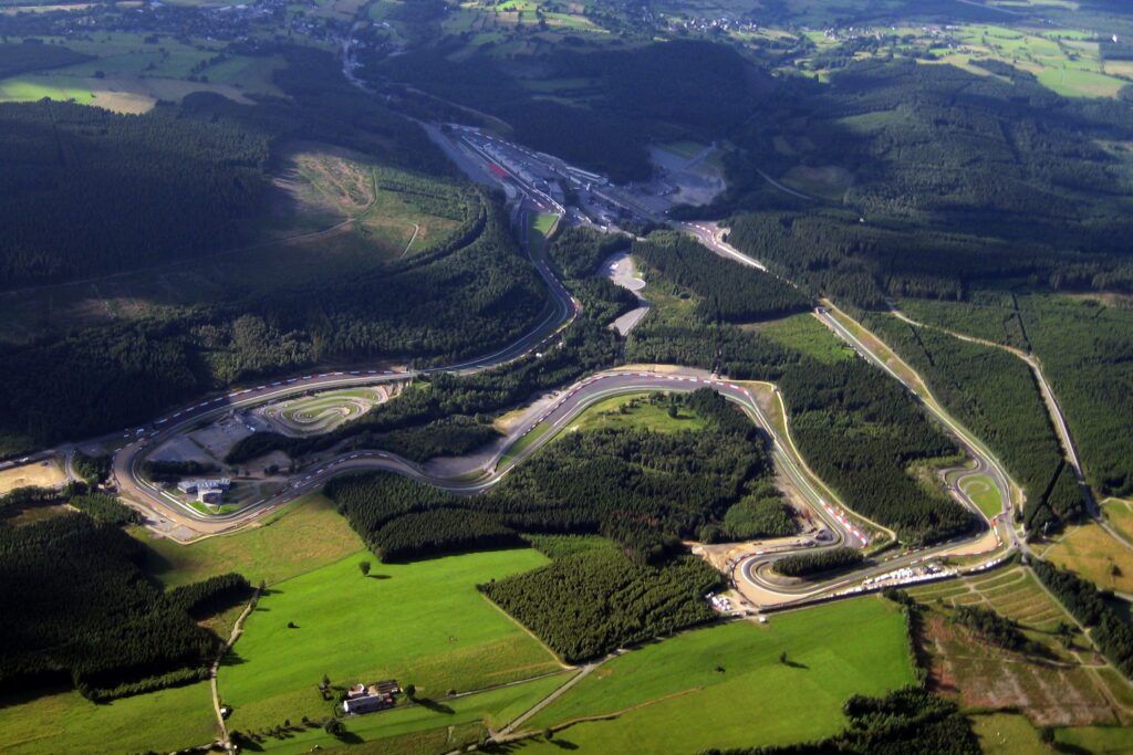 Full aerial view of Spa Francorchamps circuit in Belgium.