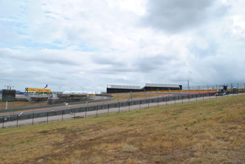 View from ground level near T1 towards the partially constructed T2 Grandstands.