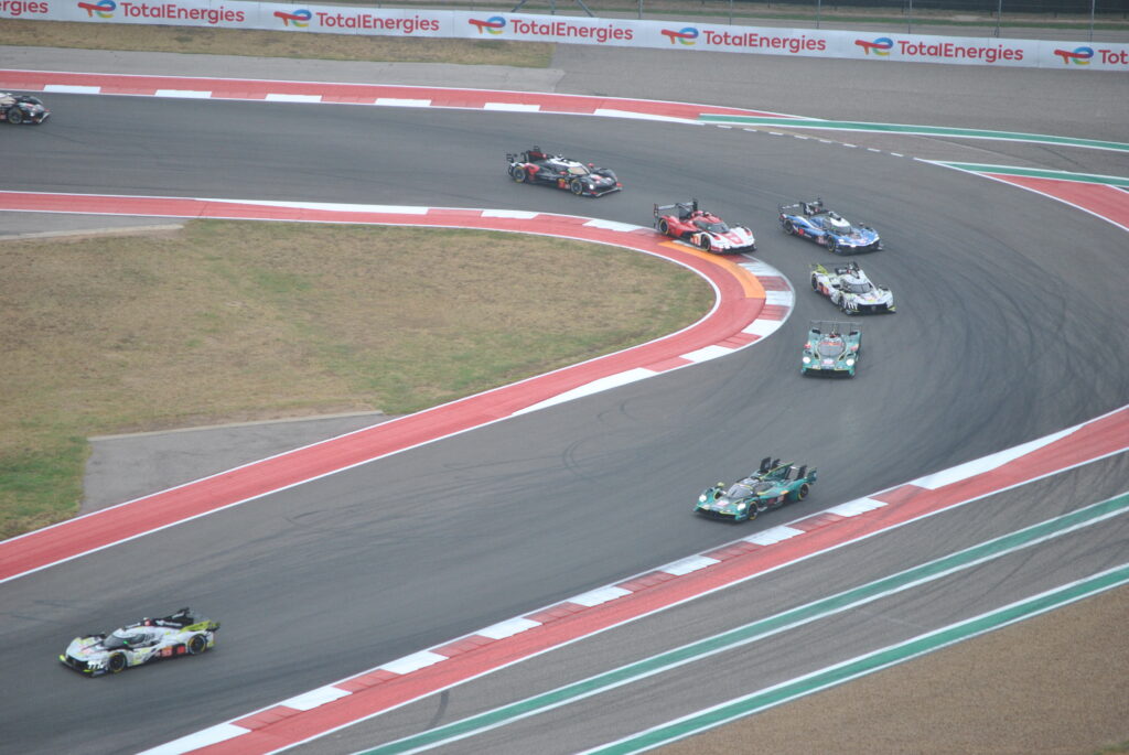 Hypercars take T13 viewed from the COTA Tower.