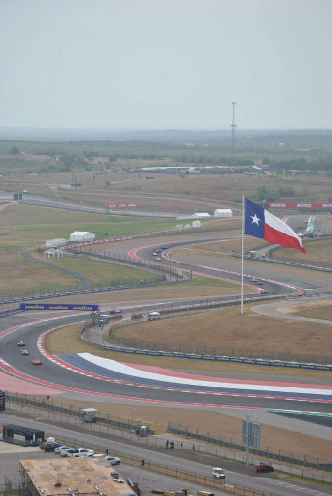 The mighty Texas flag on the inside corner of T6 as viewed from the COTA Tower.