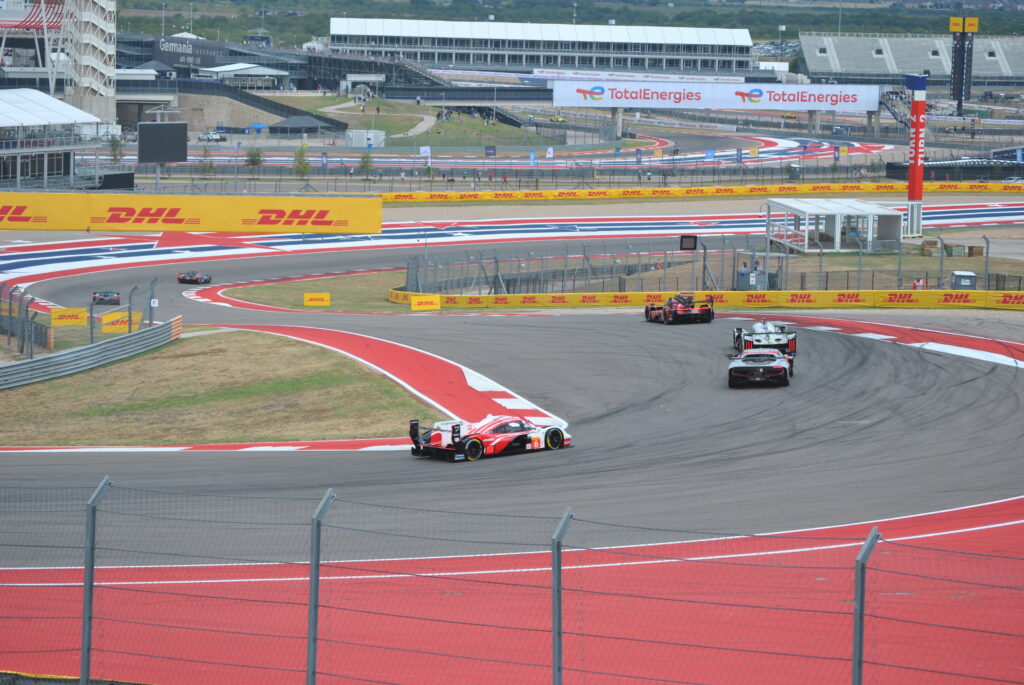 Close of up view of T1 with Hypercars and LMGT3 cars from the right-most side of the T1 Grandstand.